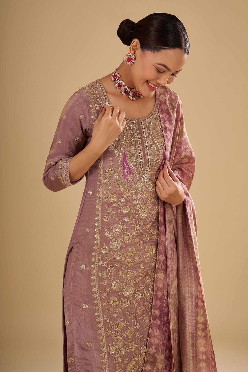 Lilac Shimmer Zari Tissue Long Kurta Set with Jal Work and Embroidered Dupatta