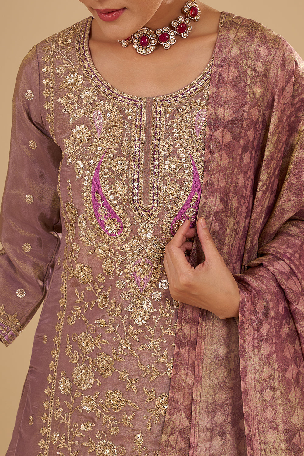 Lilac Shimmer Zari Tissue Long Kurta Set with Jal Work and Embroidered Dupatta