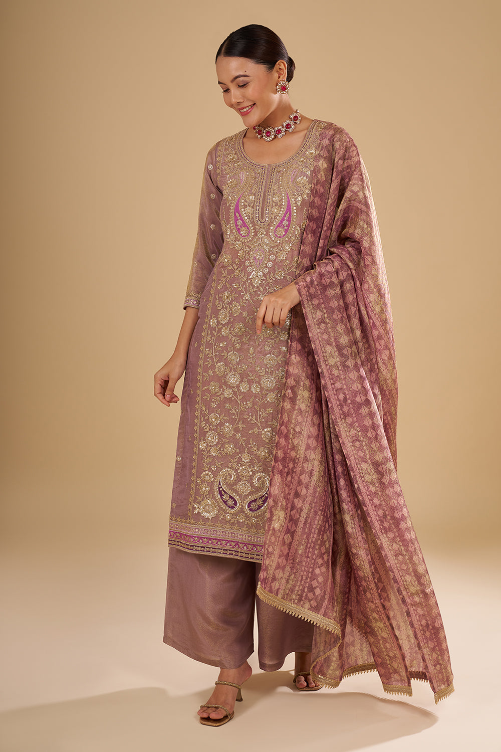 Lilac Shimmer Zari Tissue Long Kurta Set with Jal Work and Embroidered Dupatta