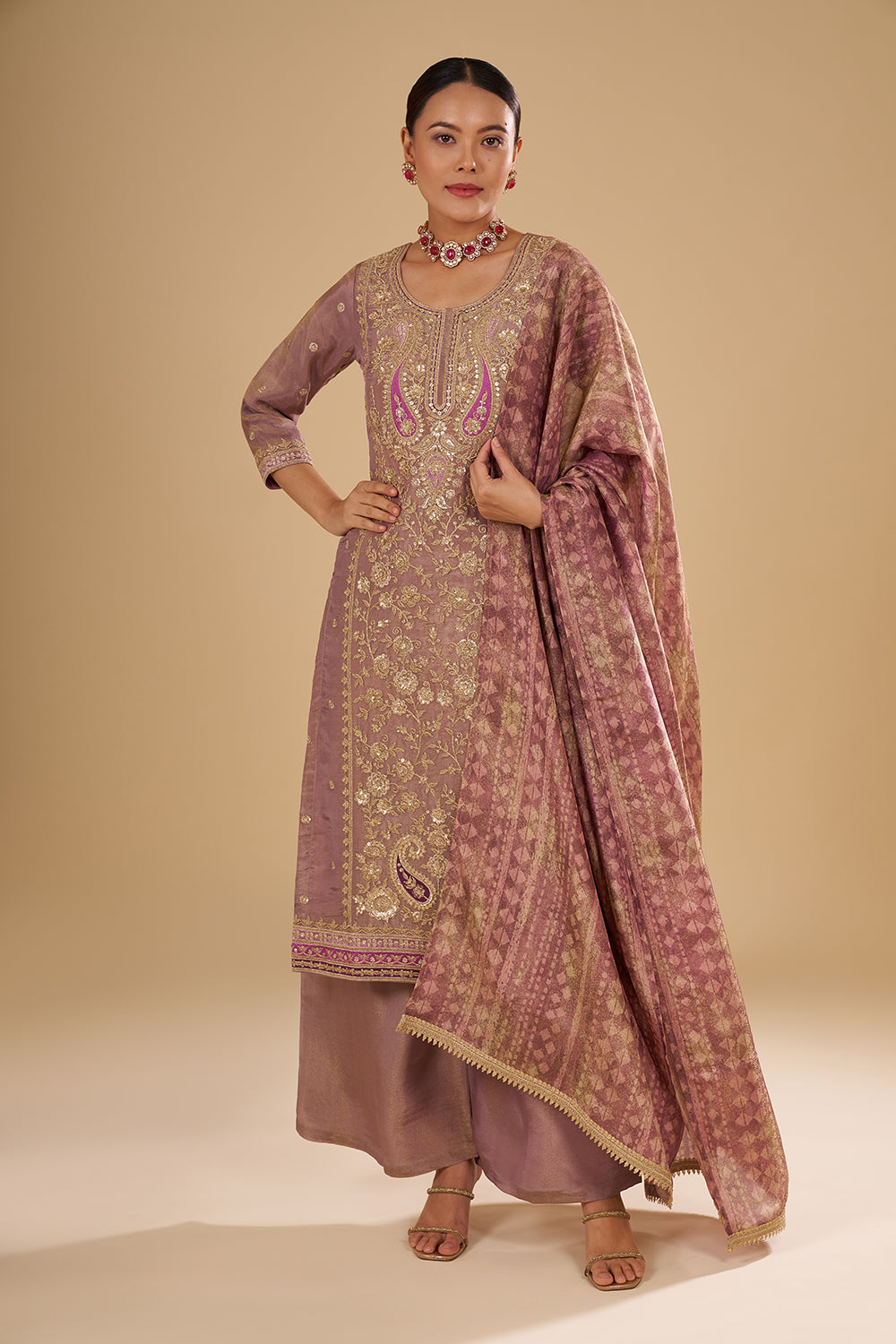 Lilac Shimmer Zari Tissue Long Kurta Set with Jal Work and Embroidered Dupatta