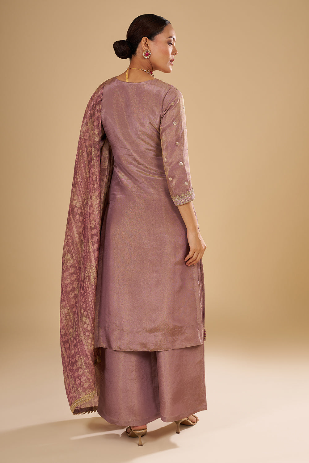 Lilac Shimmer Zari Tissue Long Kurta Set with Jal Work and Embroidered Dupatta