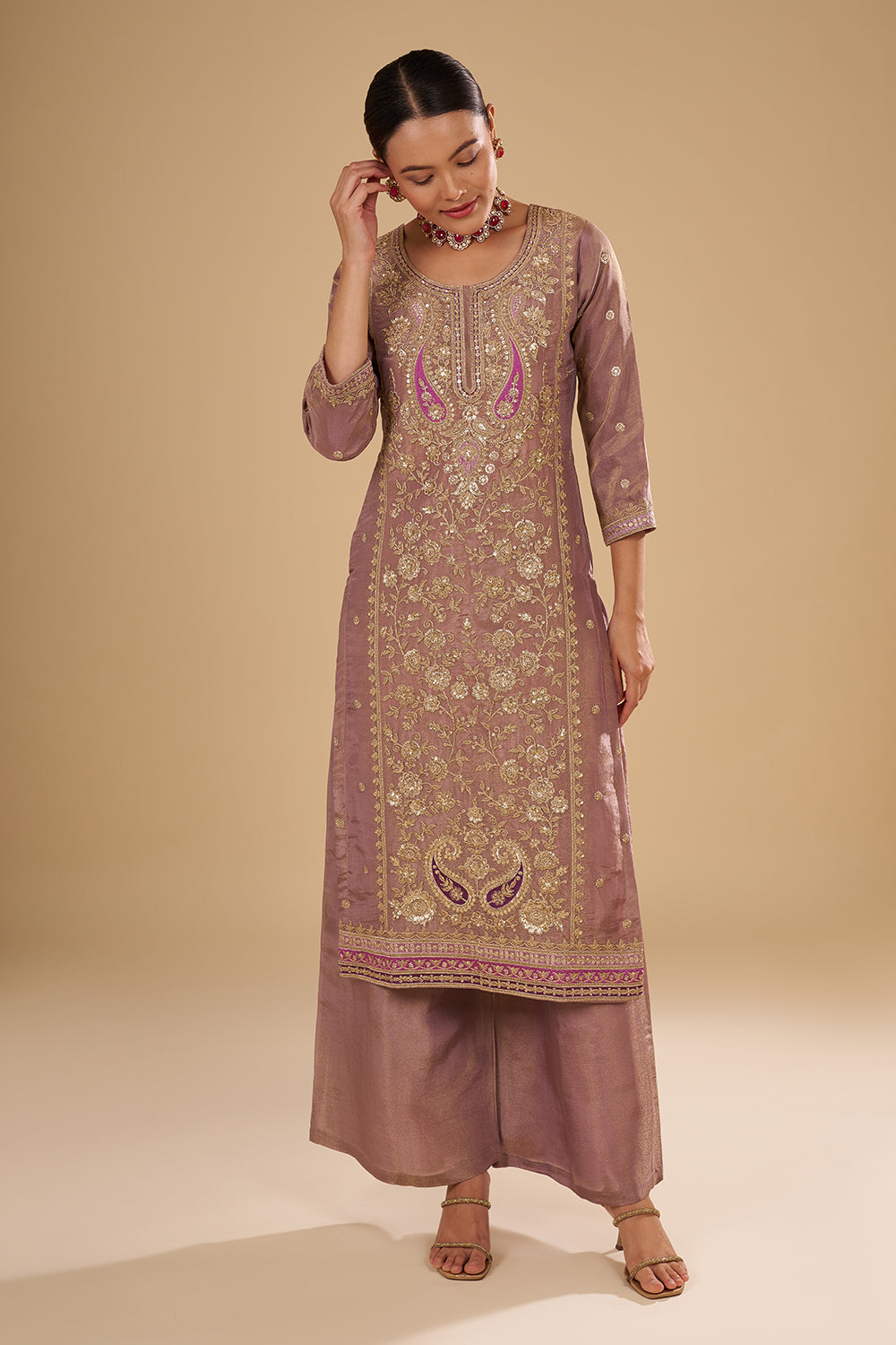 Lilac Shimmer Zari Tissue Long Kurta Set with Jal Work and Embroidered Dupatta