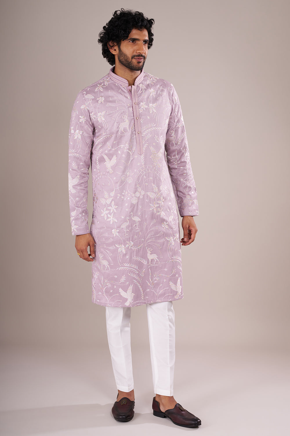 Lilac Silk Blend Men's Kurta Set with Sequin Work