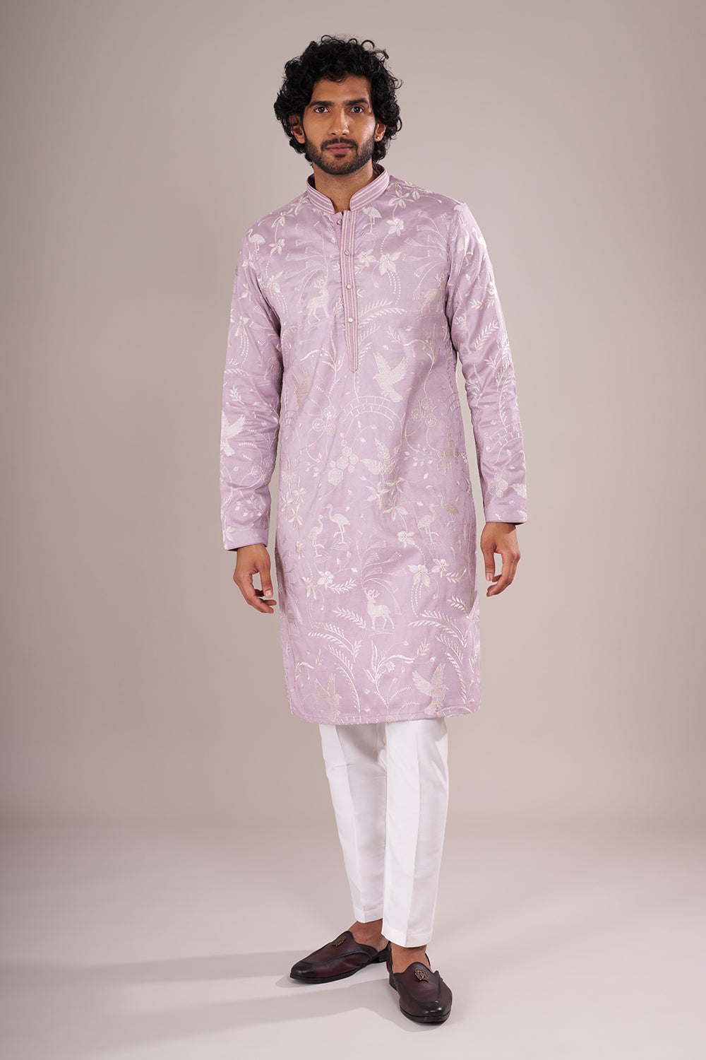 Lilac Silk Blend Men's Kurta Set with Sequin Work