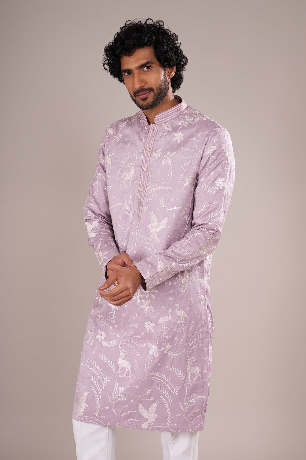Lilac Silk Blend Men's Kurta Set with Sequin Work