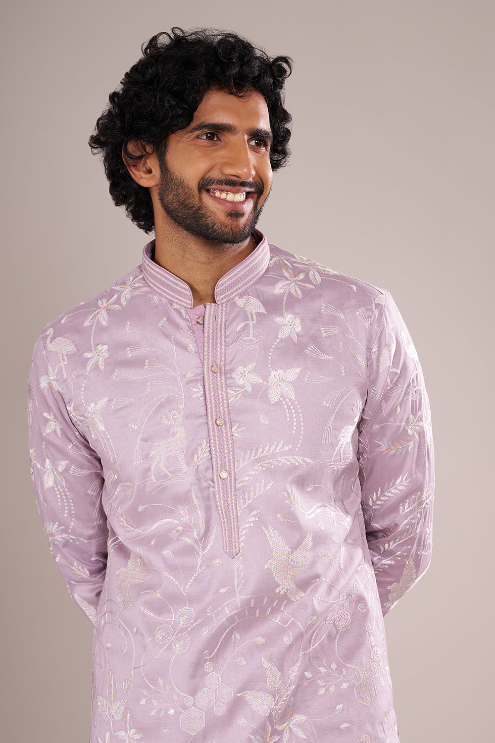 Lilac Silk Blend Men's Kurta Set with Sequin Work