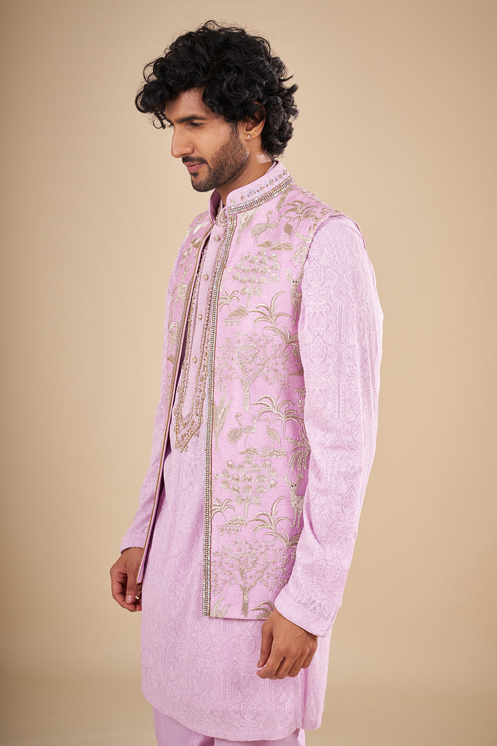 Lilac Silk Kurta Set with Silver Thread Embroidery