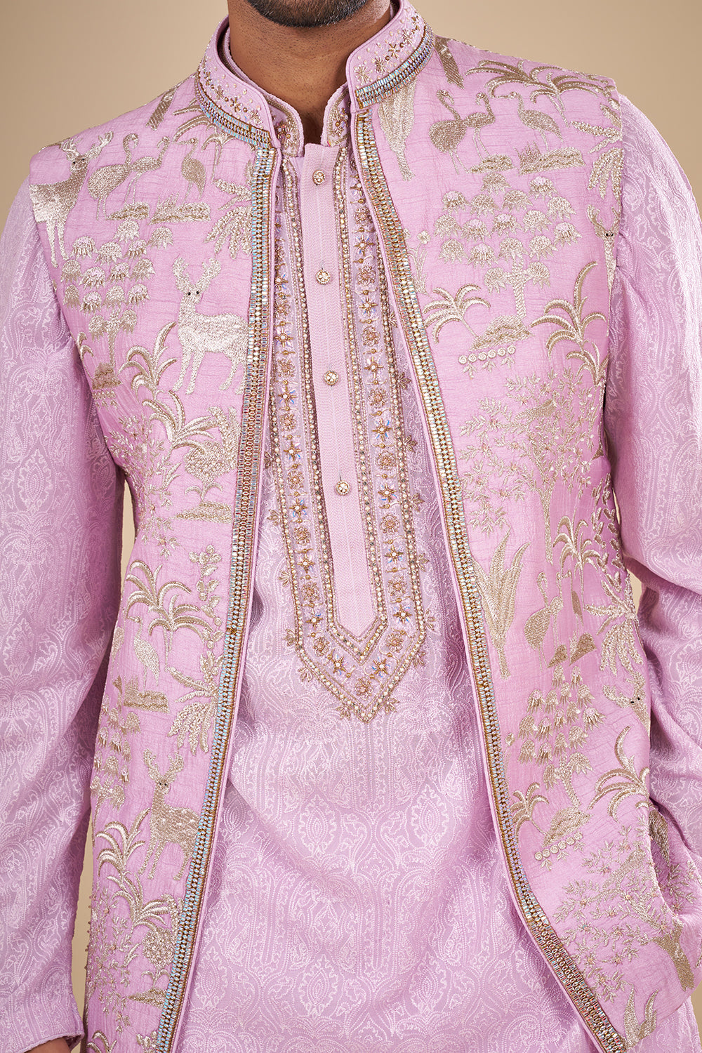 Lilac Silk Kurta Set with Silver Thread Embroidery