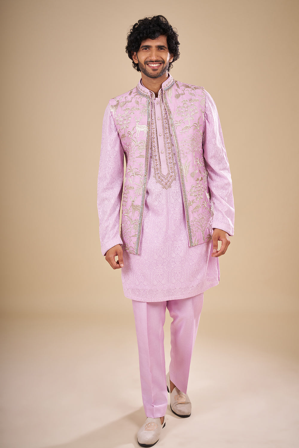 Lilac Silk Kurta Set with Silver Thread Embroidery