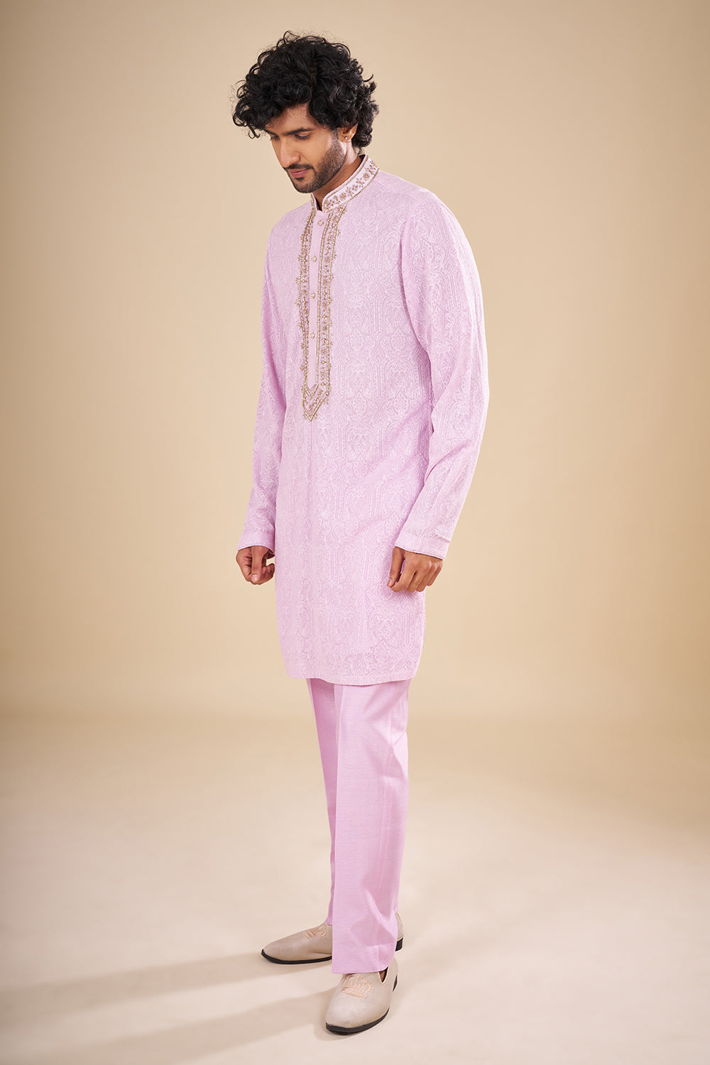 Lilac Silk Kurta Set with Silver Thread Embroidery