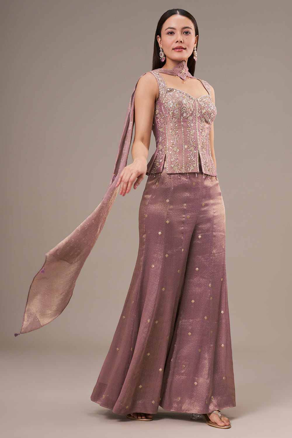 Lilac Silk Palazzo Suit with Mirror and Zardosi Work
