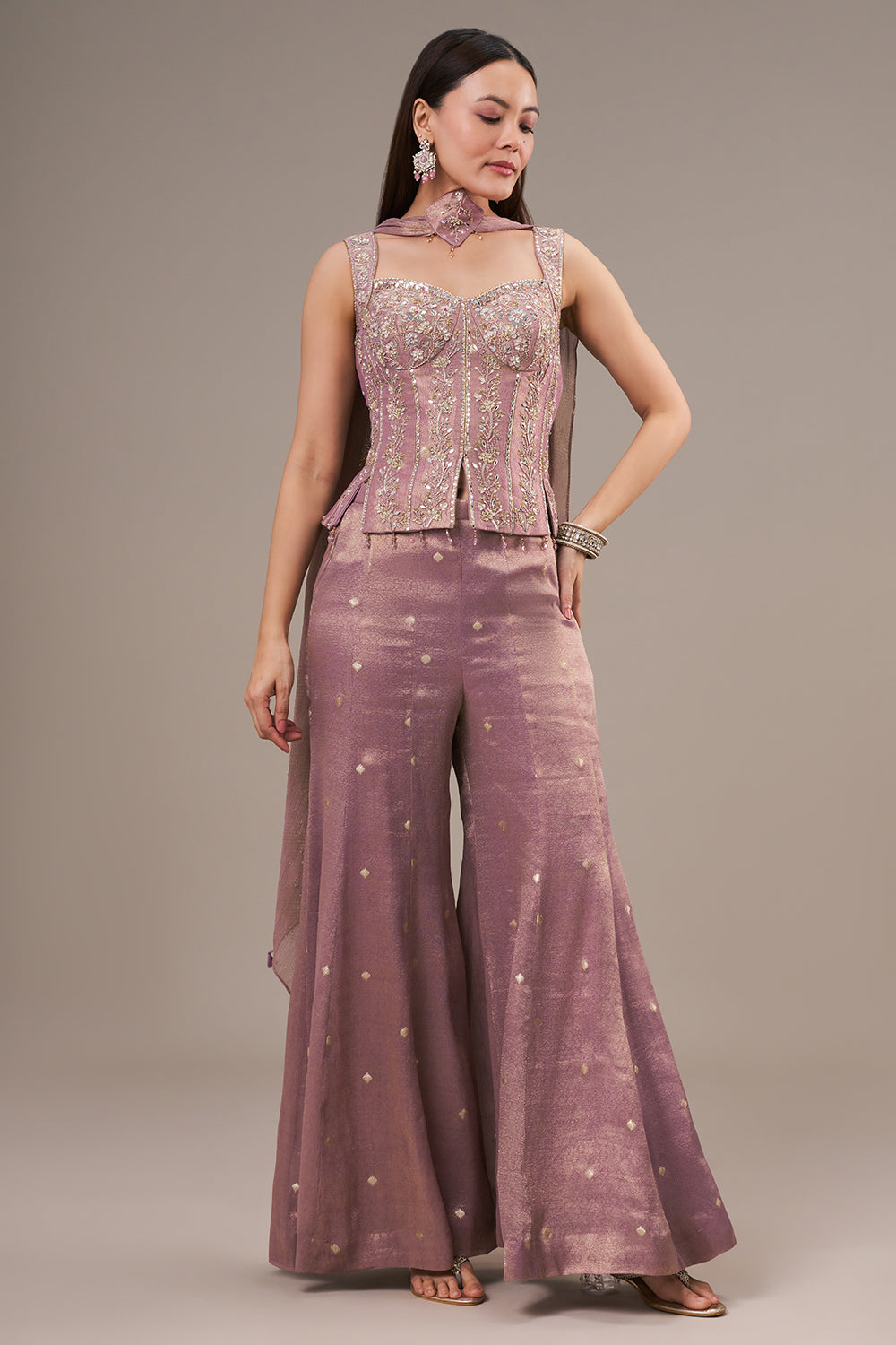Lilac Silk Palazzo Suit with Mirror and Zardosi Work