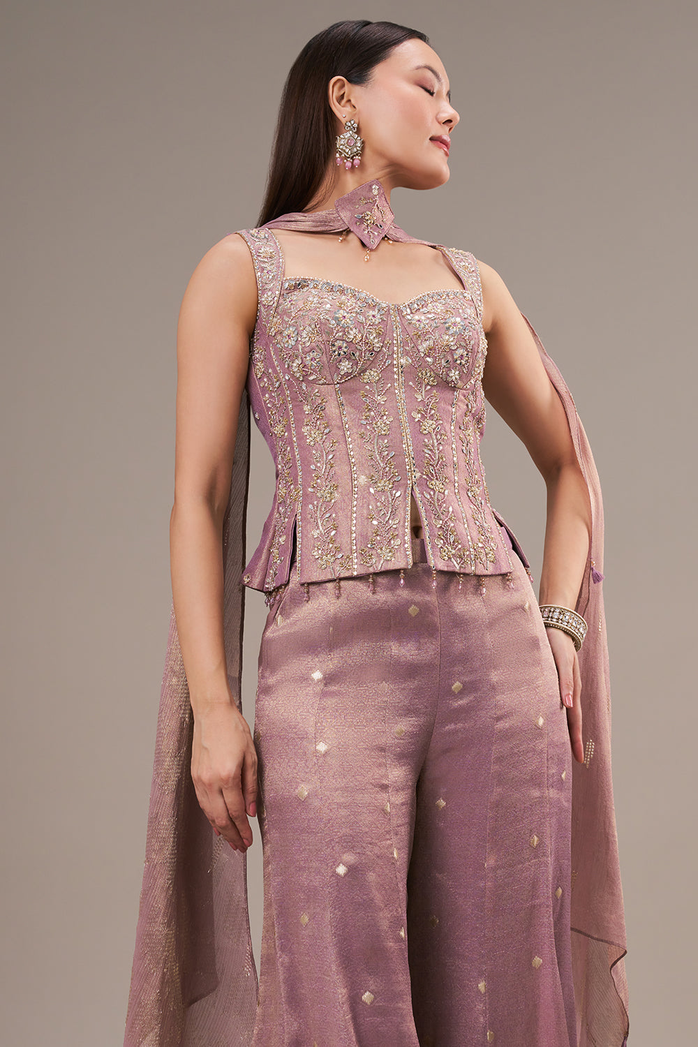 Lilac Silk Palazzo Suit with Mirror and Zardosi Work