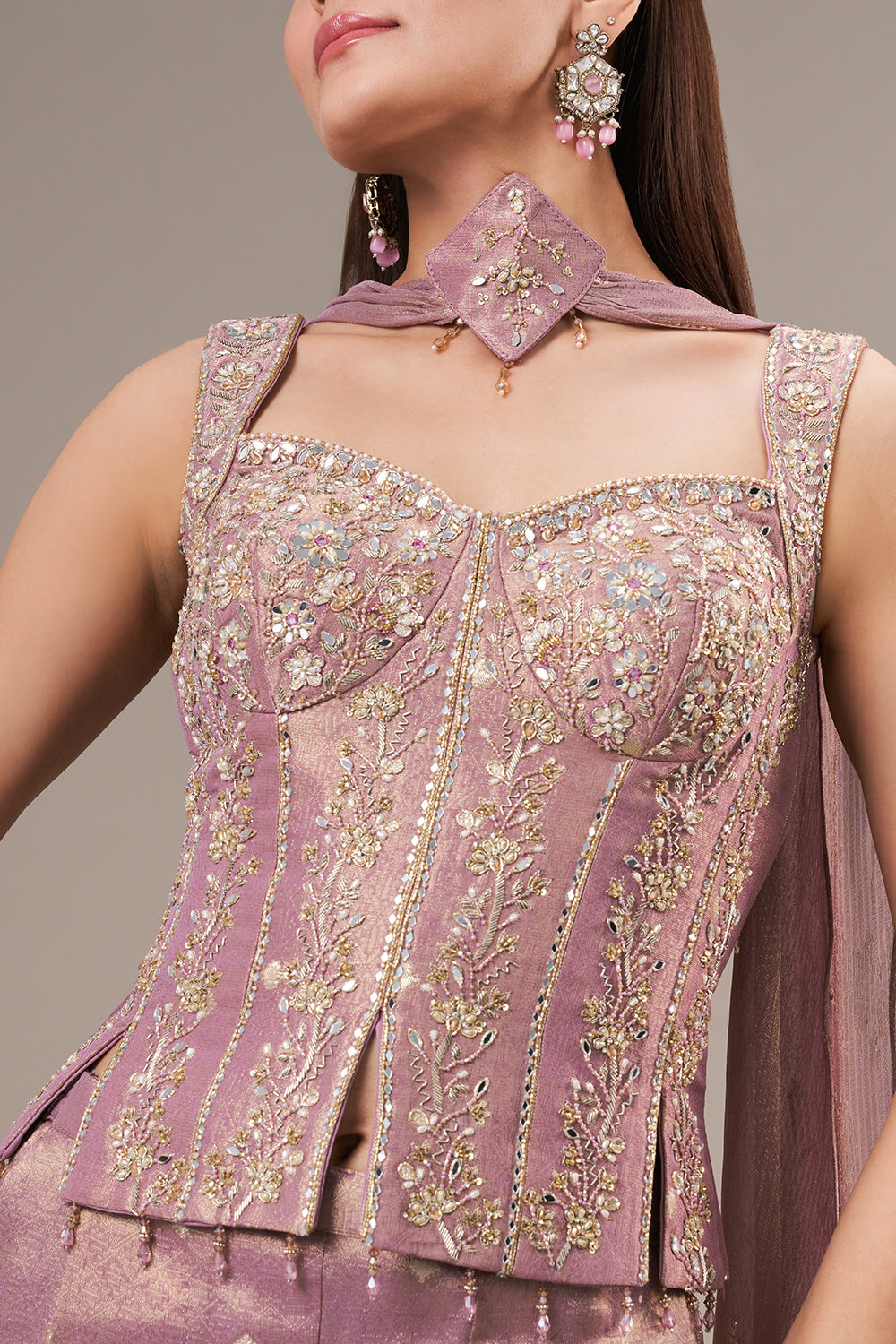 Lilac Silk Palazzo Suit with Mirror and Zardosi Work