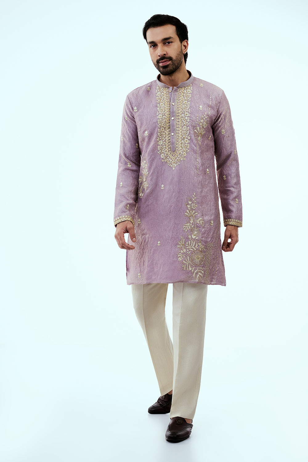 Lilac Tissue Mens Kurta Set with Zari Work