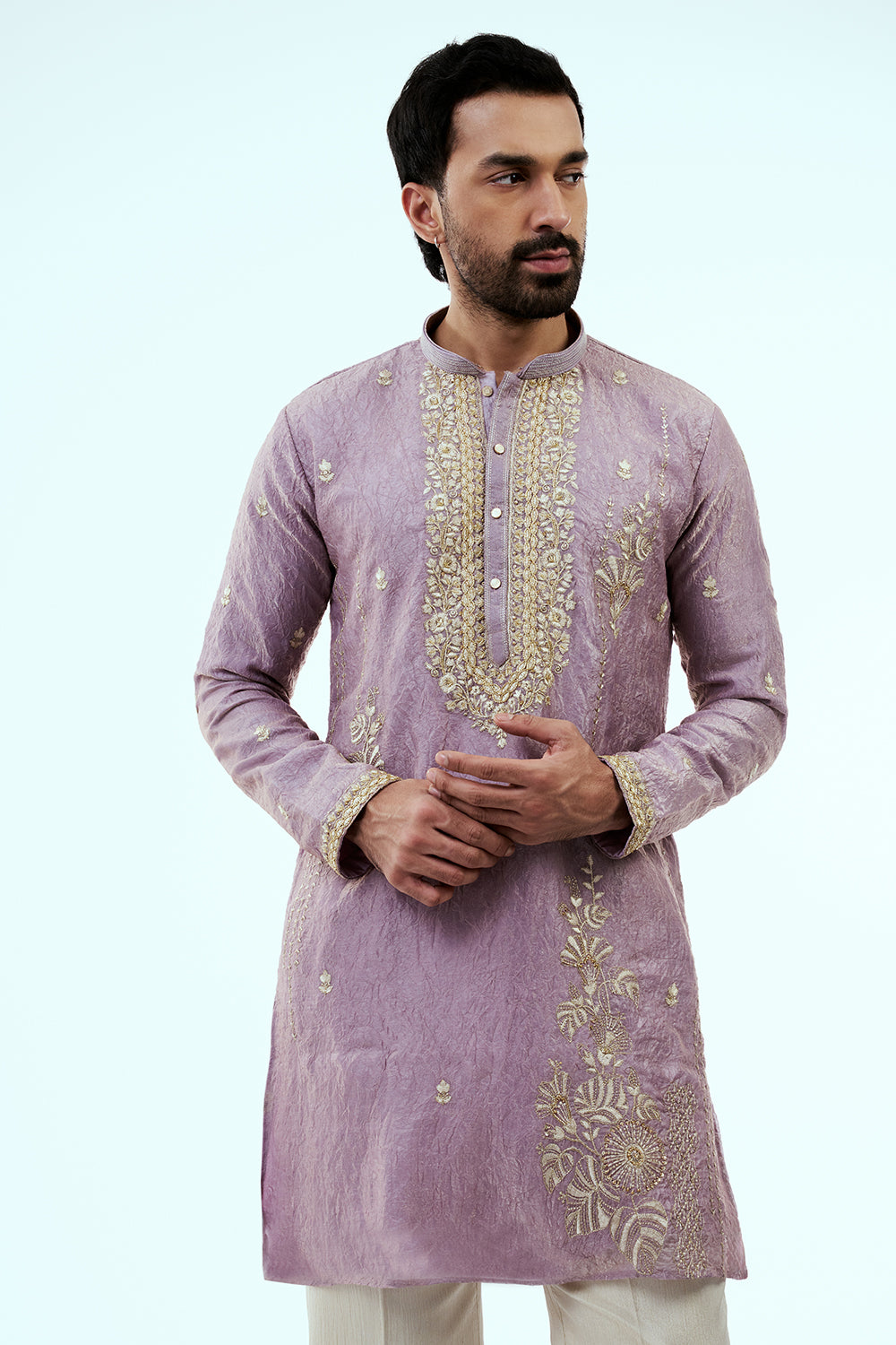 Lilac Tissue Mens Kurta Set with Zari Work