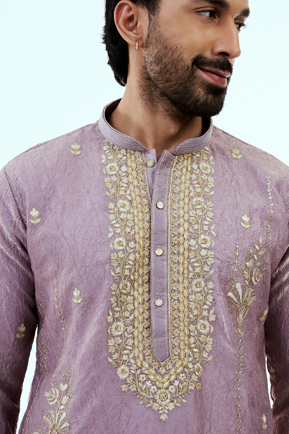 Lilac Tissue Mens Kurta Set with Zari Work