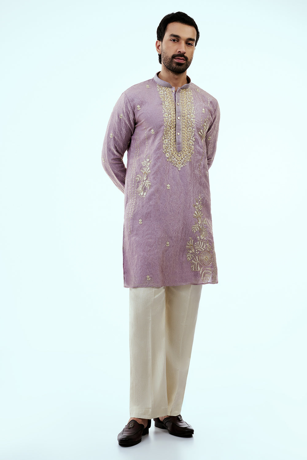 Lilac Tissue Mens Kurta Set with Zari Work