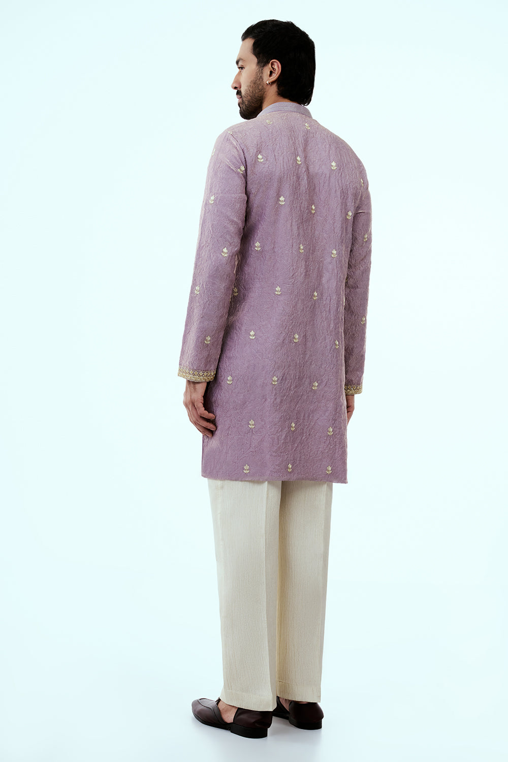 Lilac Tissue Mens Kurta Set with Zari Work