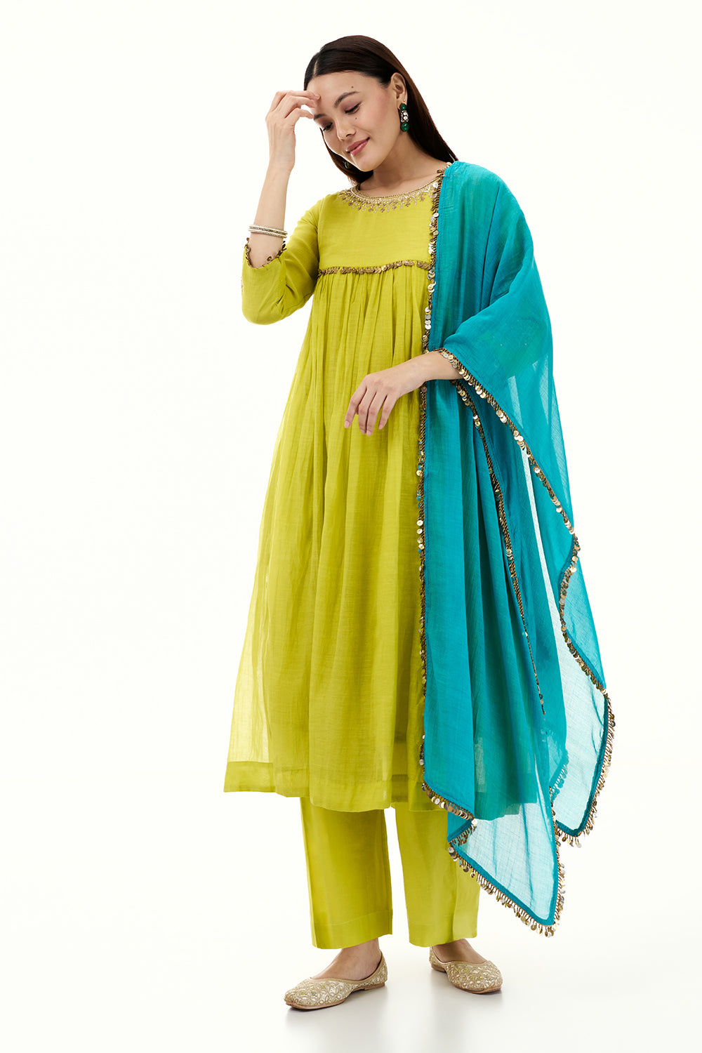 Lime Green Cotton Kurta Set with Sequin Work and Tassels