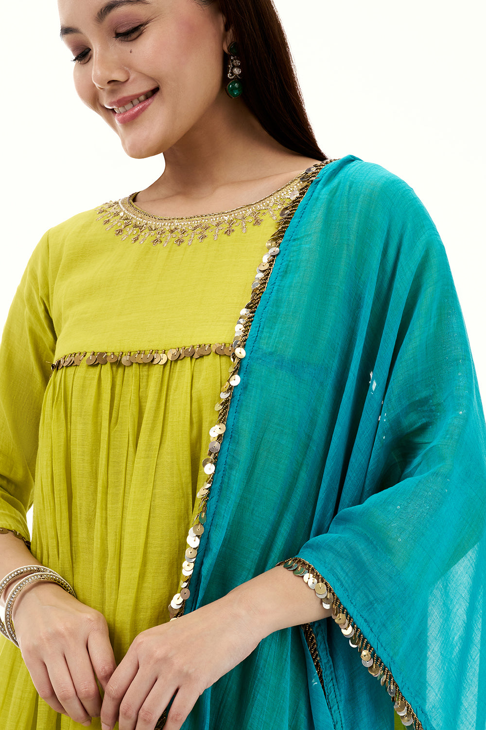 Lime Green Cotton Kurta Set with Sequin Work and Tassels