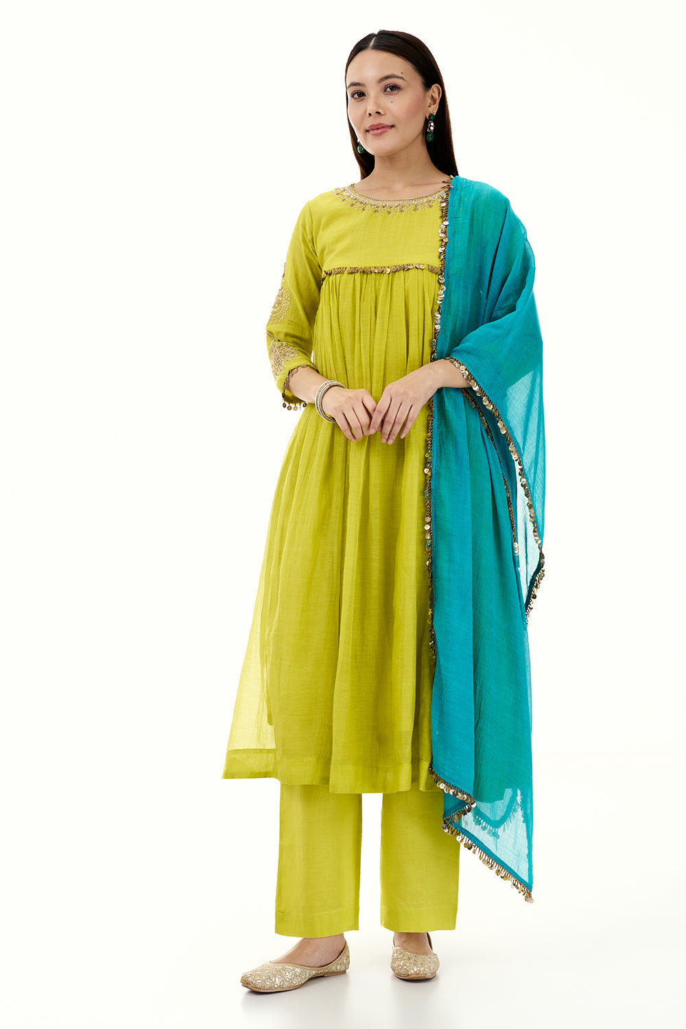 Lime Green Cotton Kurta Set with Sequin Work and Tassels