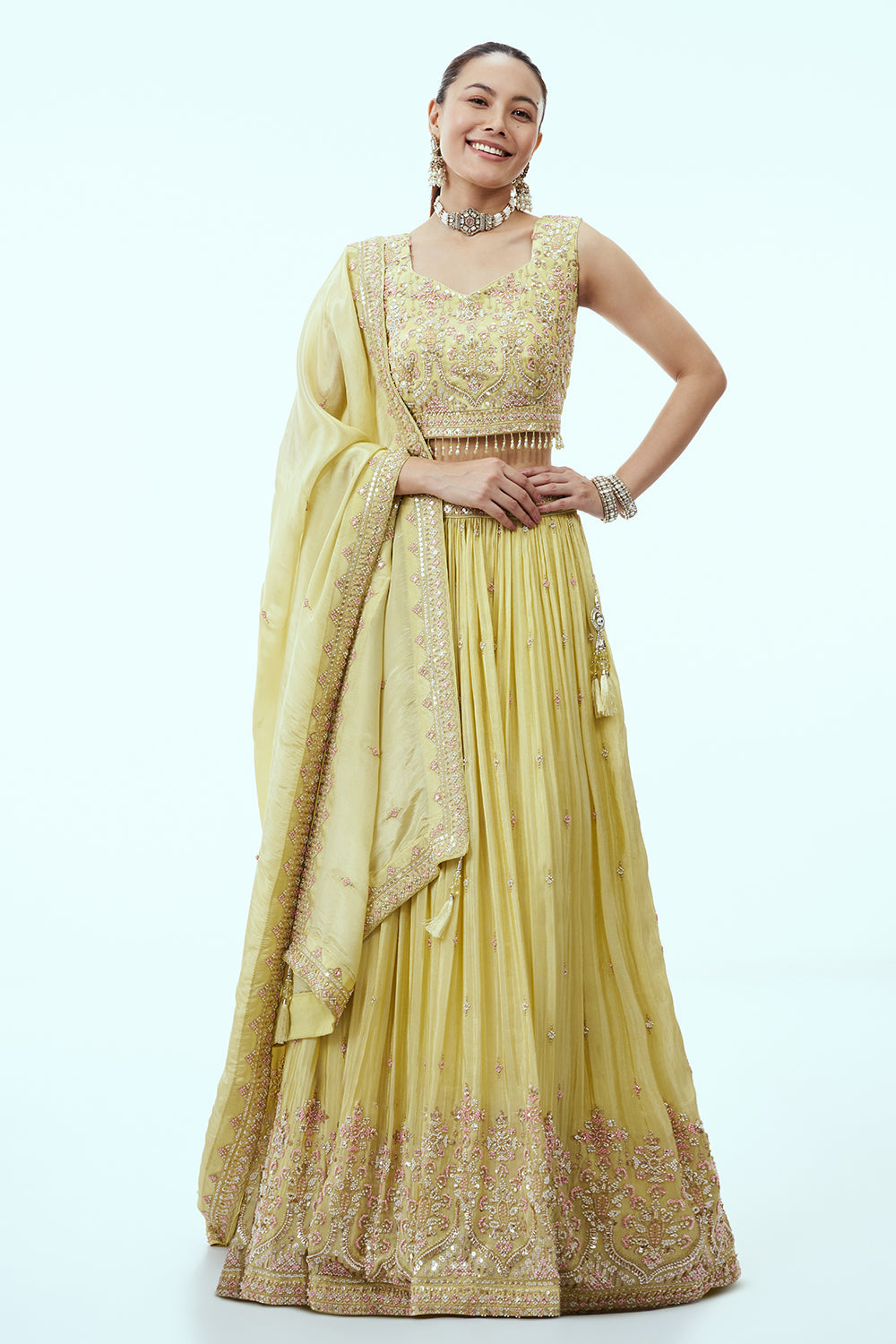 Pastel Yellow Tissue Lehenga with Zari and 3D Tiki Work