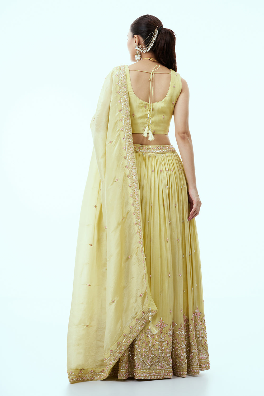 Pastel Yellow Tissue Lehenga with Zari and 3D Tiki Work