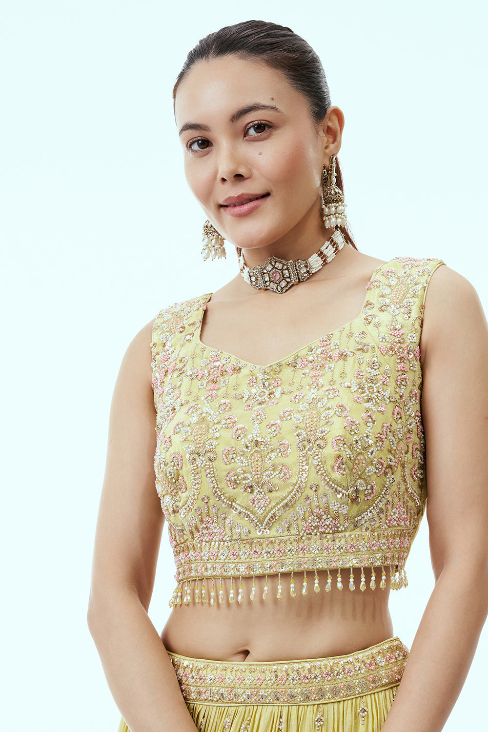 Pastel Yellow Tissue Lehenga with Zari and 3D Tiki Work