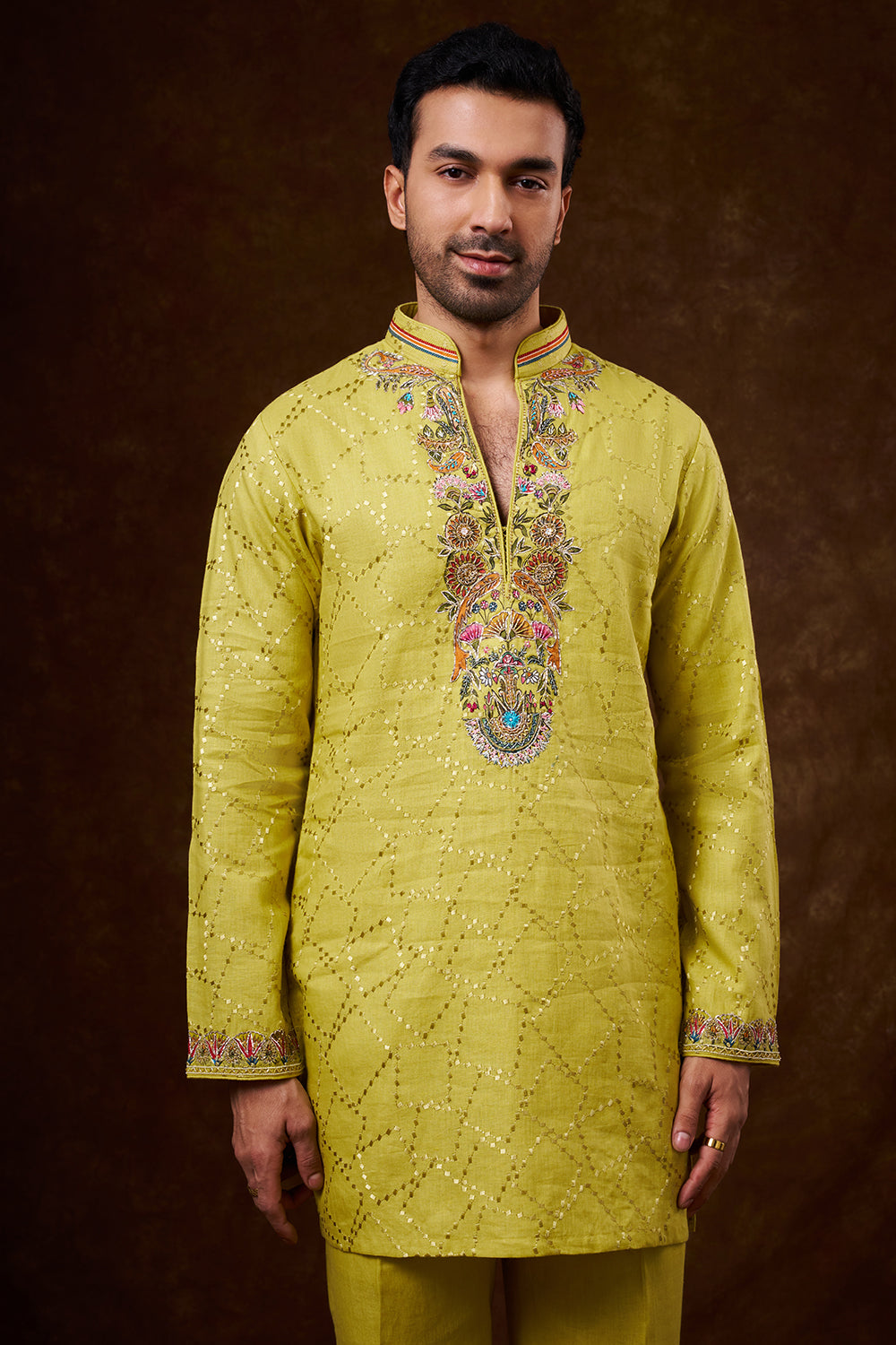 Lime Green Linen Men's Kurta Set with Brush-Painted Detailing