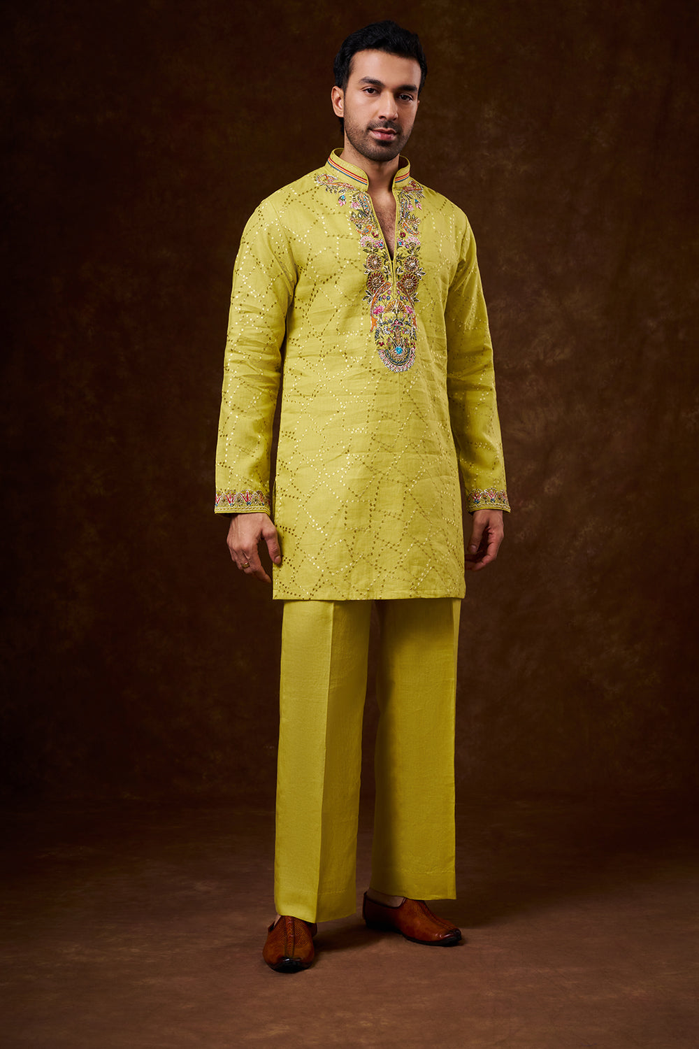 Lime Green Linen Men's Kurta Set with Brush-Painted Detailing