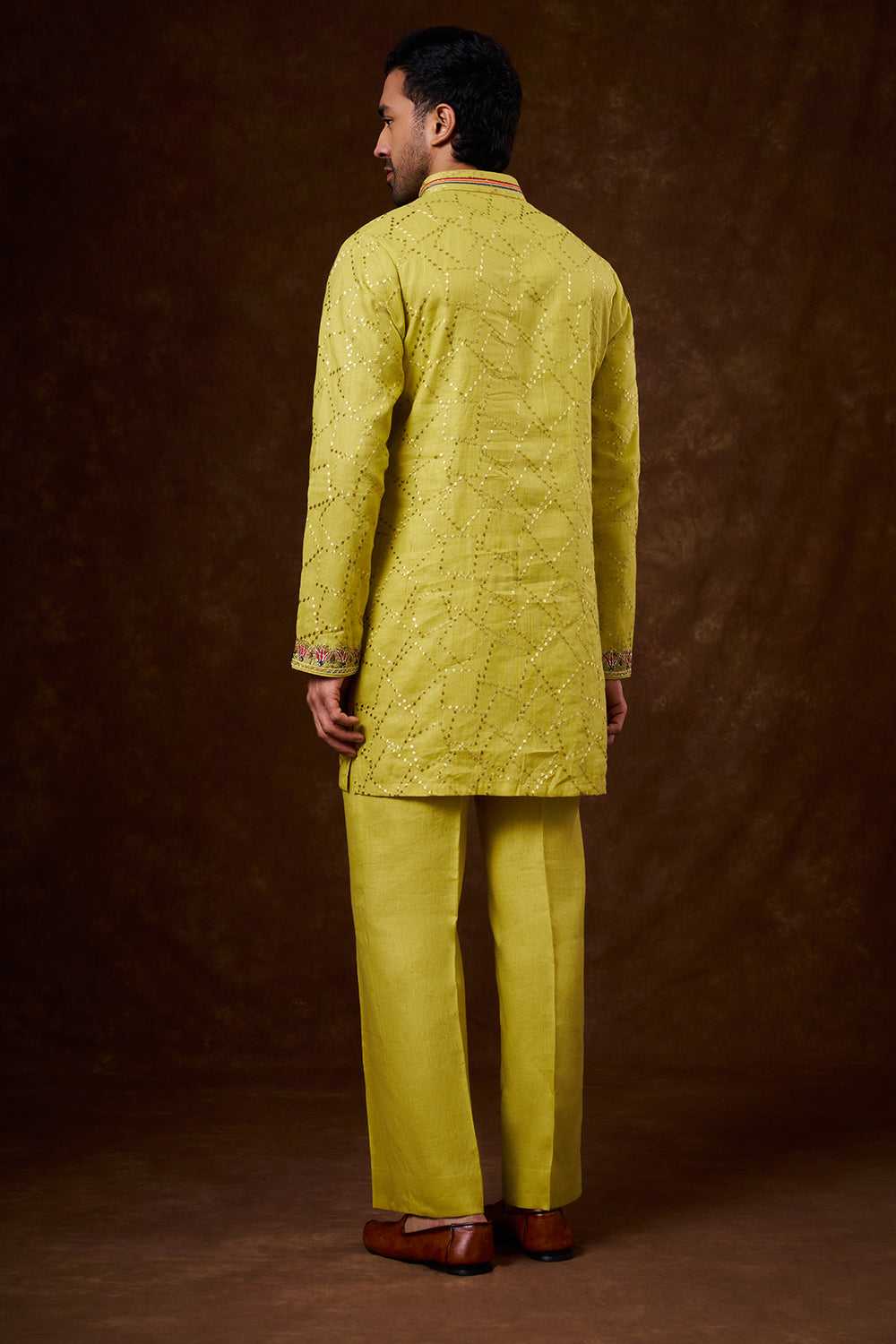 Lime Green Linen Men's Kurta Set with Brush-Painted Detailing