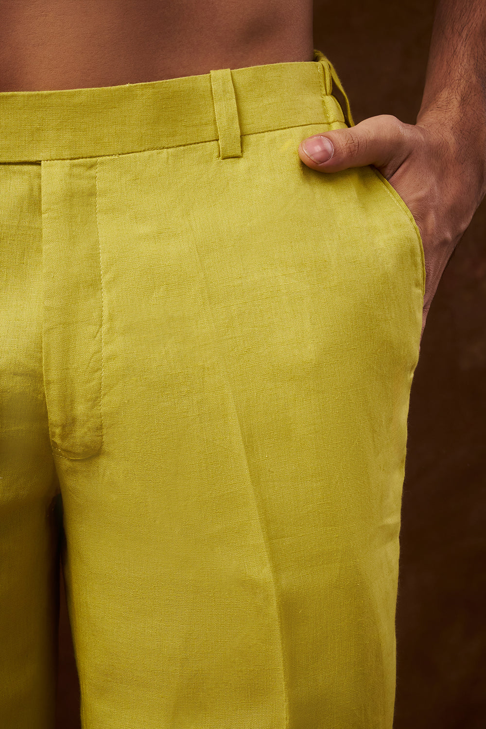 Lime Green Linen Men's Kurta Set with Brush-Painted Detailing