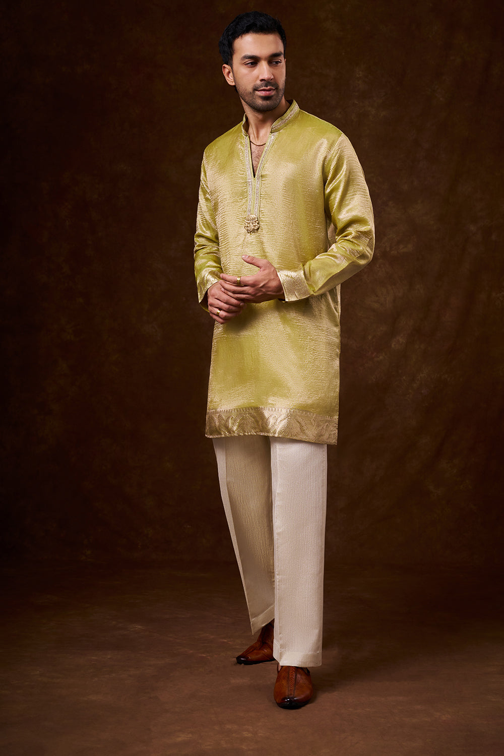 Lime Green Tissue Silk Men's Kurta Set with Lace Detailing