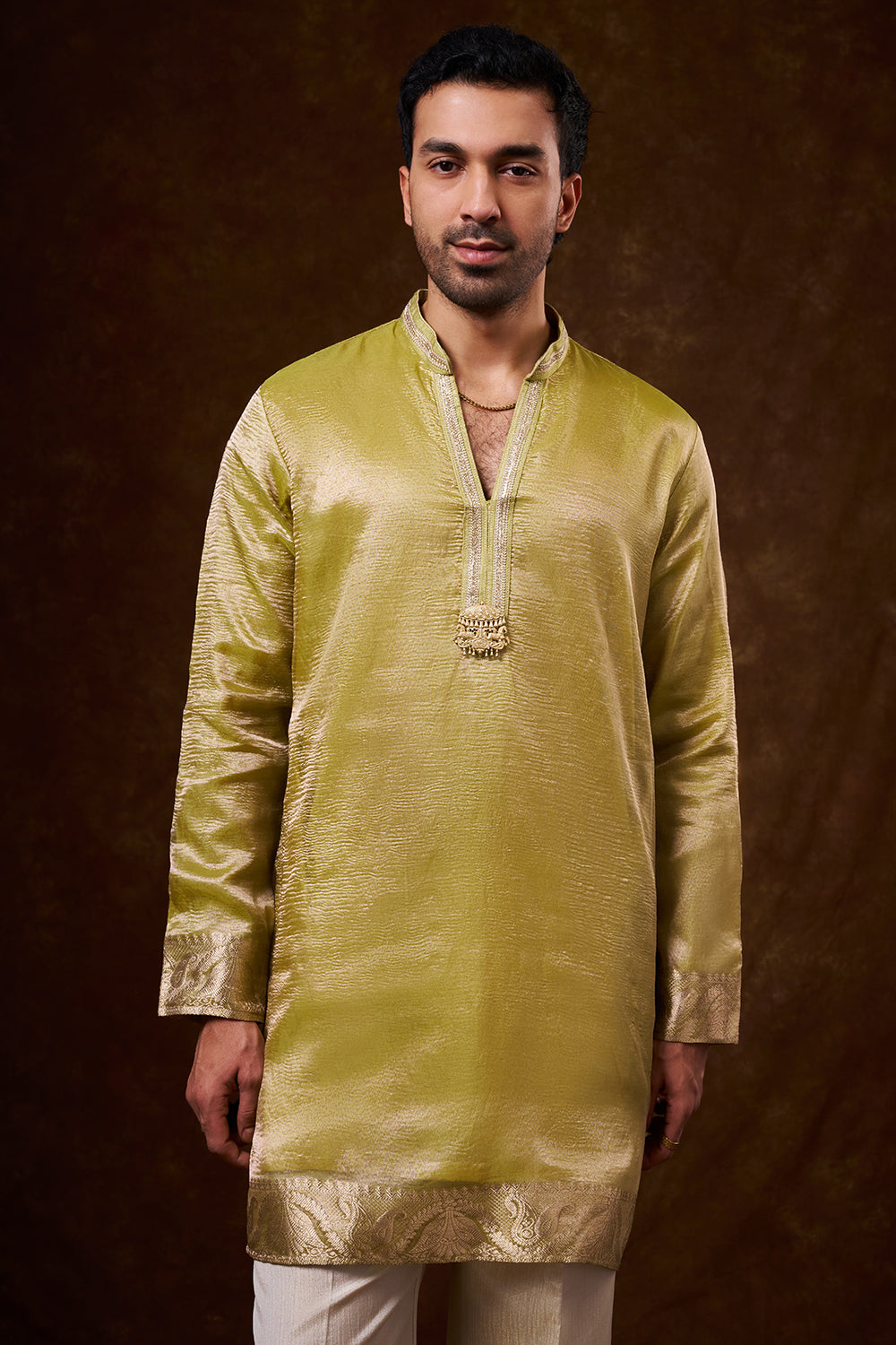 Lime Green Tissue Silk Men's Kurta Set with Lace Detailing