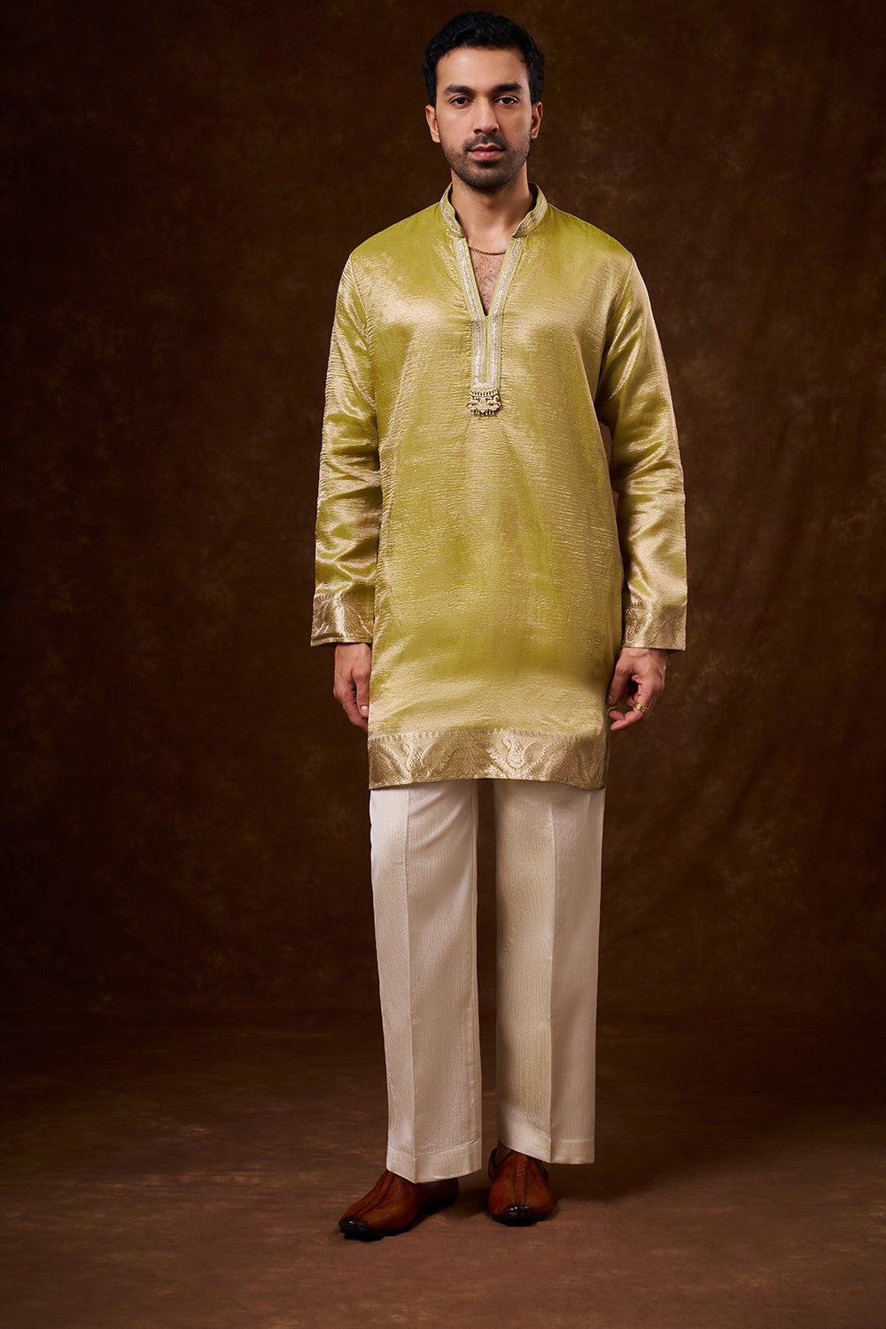 Lime Green Tissue Silk Men's Kurta Set with Lace Detailing