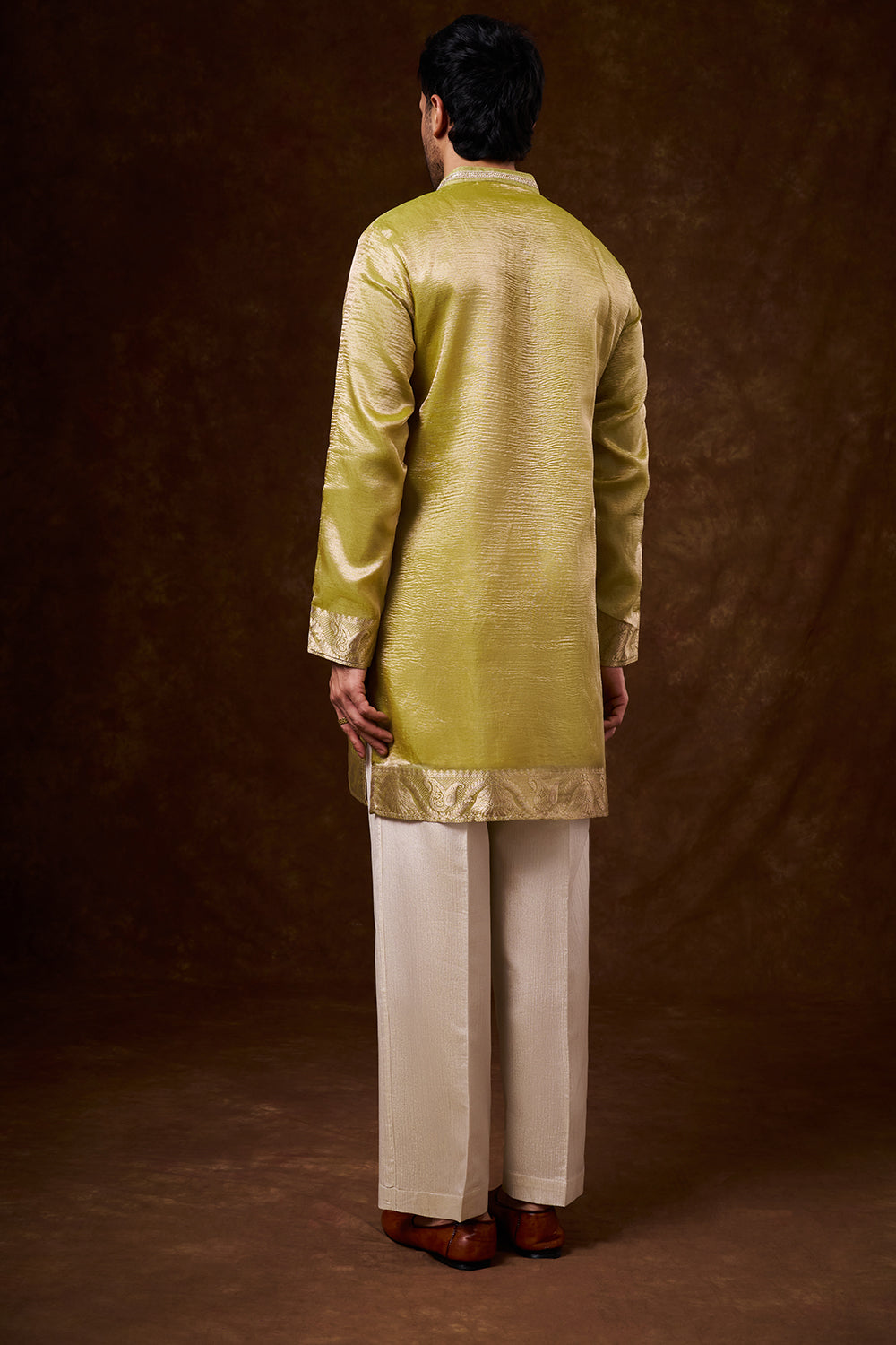 Lime Green Tissue Silk Men's Kurta Set with Lace Detailing