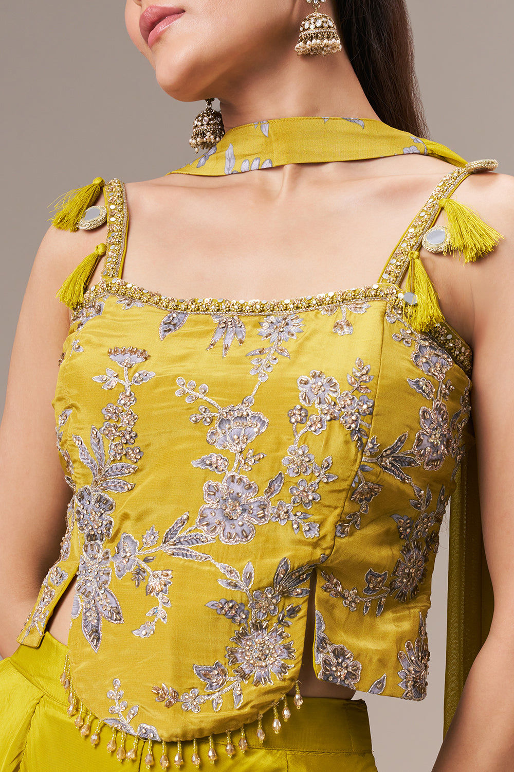 Lime Yellow Crepe Crop Top Set with Zari and Cutdana Work