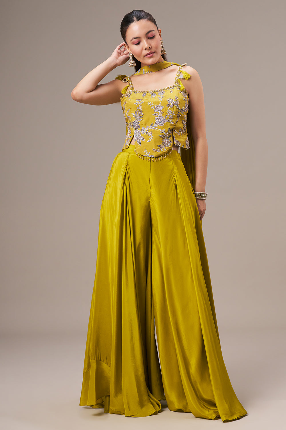 Lime Yellow Crepe Crop Top Set with Zari and Cutdana Work