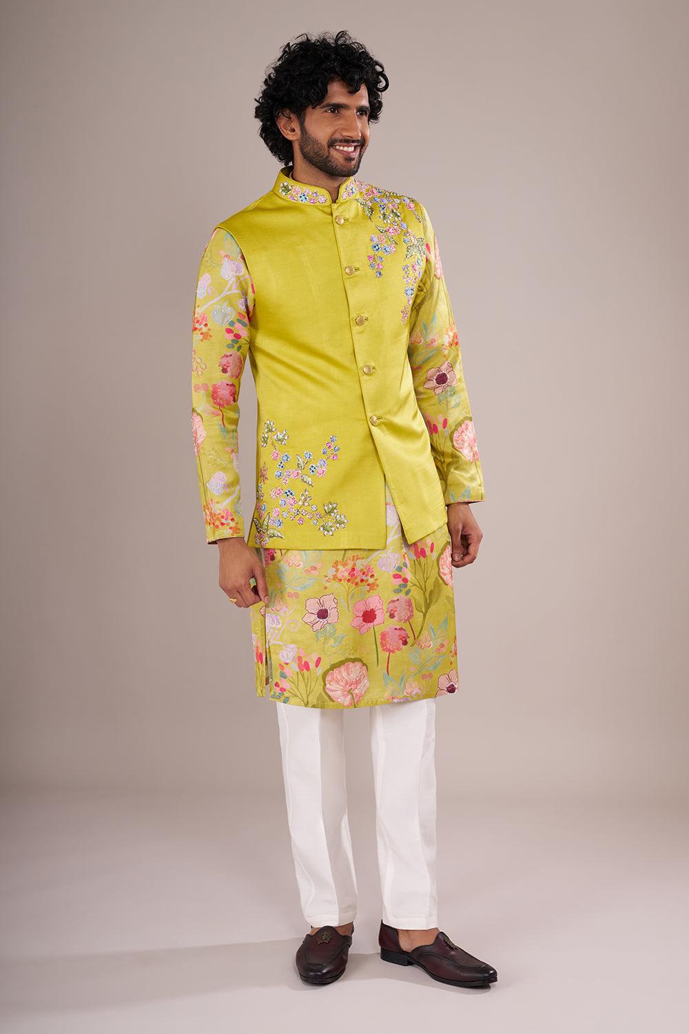 Yellow Men's Silk Blend Printed Kurta Set with Embroidered Nehru Jacket