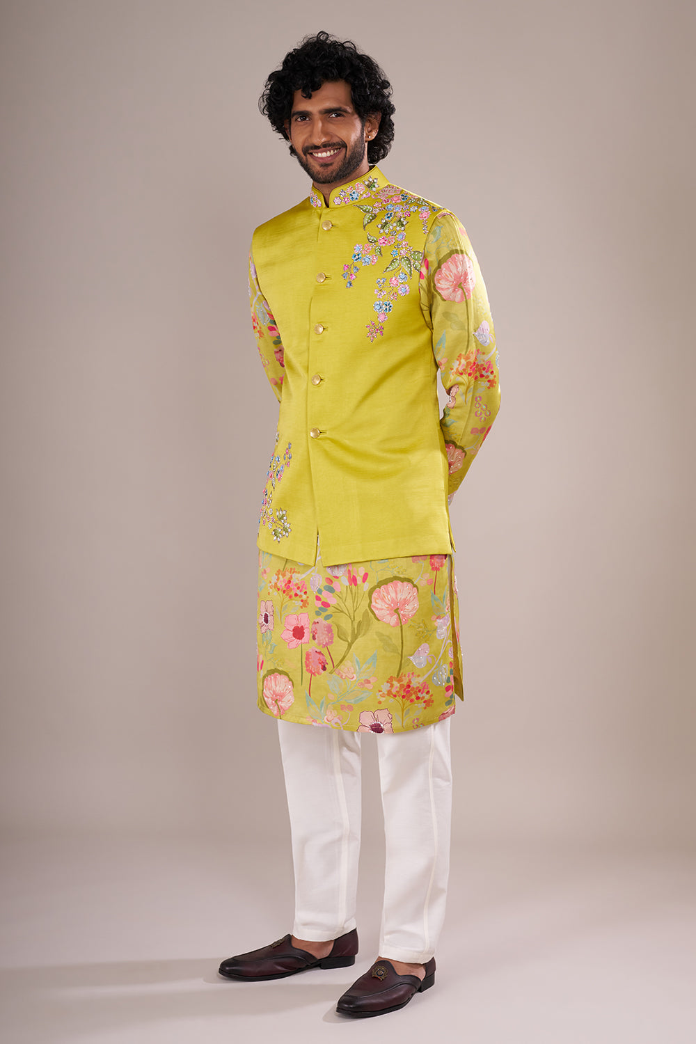 Yellow Men's Silk Blend Printed Kurta Set with Embroidered Nehru Jacket