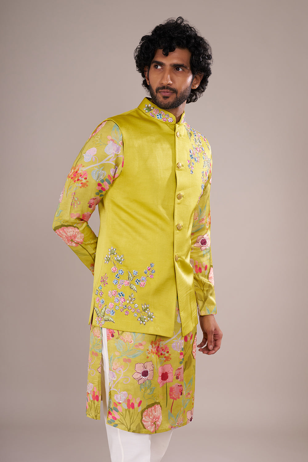 Yellow Men's Silk Blend Printed Kurta Set with Embroidered Nehru Jacket