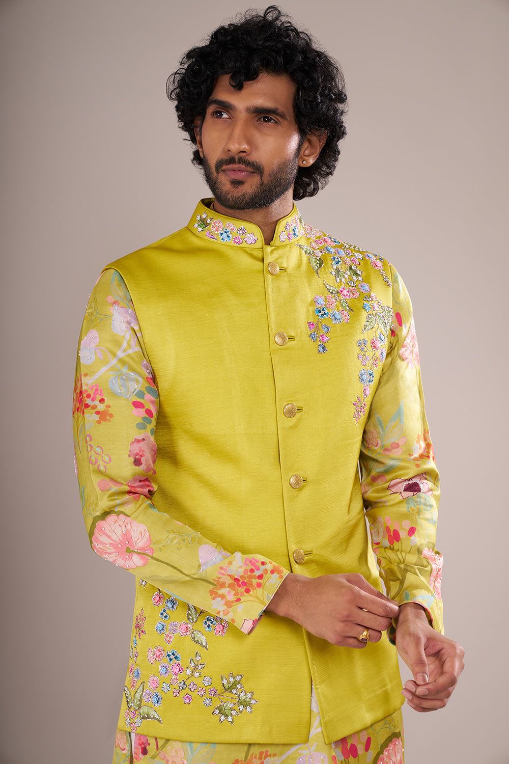 Yellow Men's Silk Blend Printed Kurta Set with Embroidered Nehru Jacket
