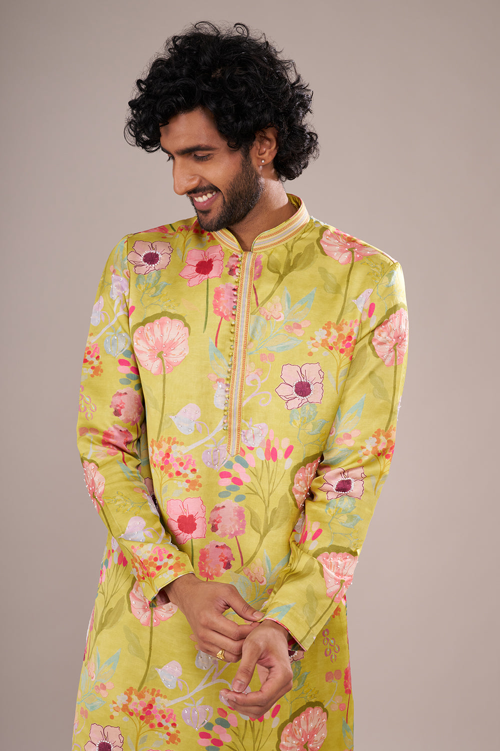 Yellow Men's Silk Blend Printed Kurta Set with Embroidered Nehru Jacket