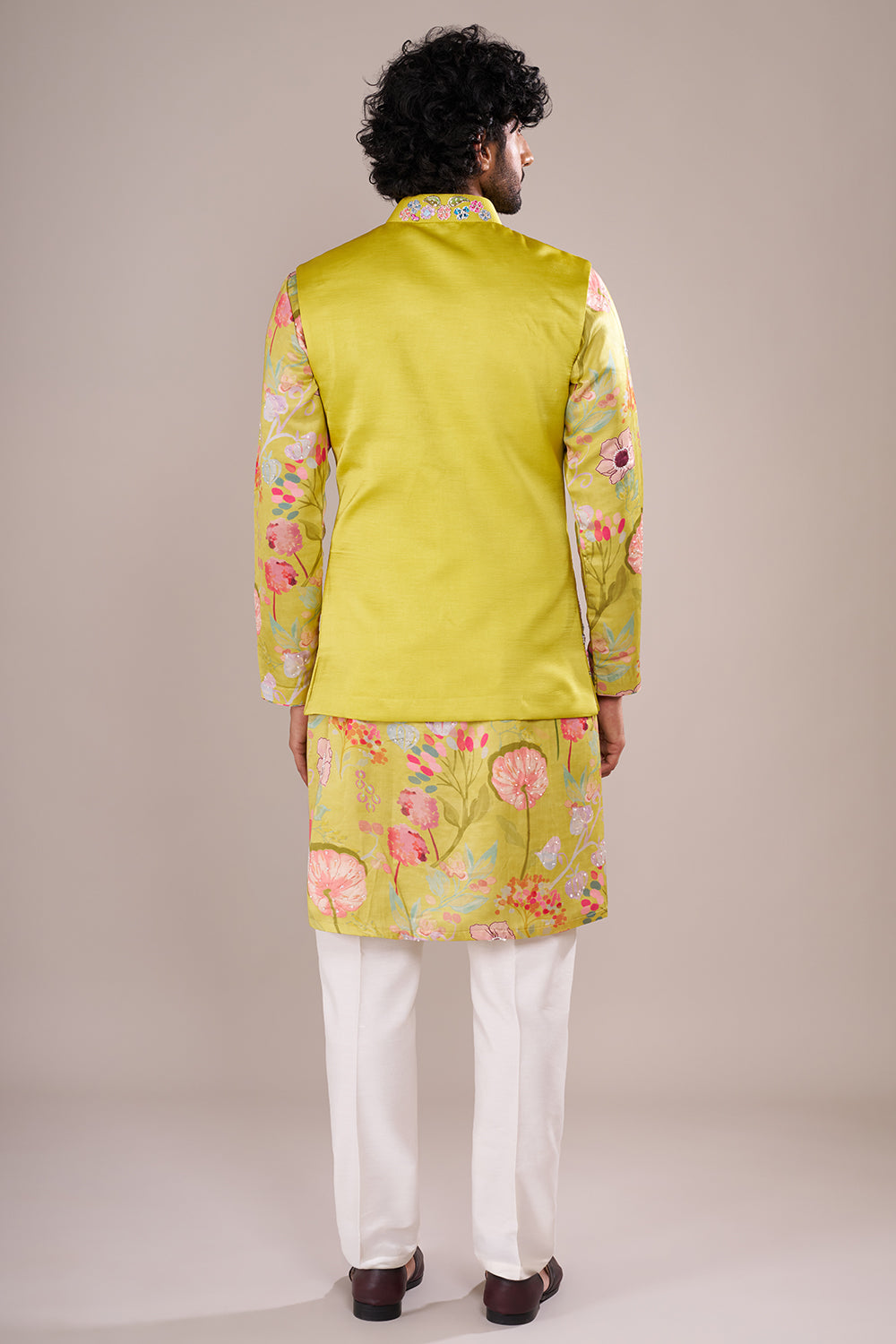 Yellow Men's Silk Blend Printed Kurta Set with Embroidered Nehru Jacket