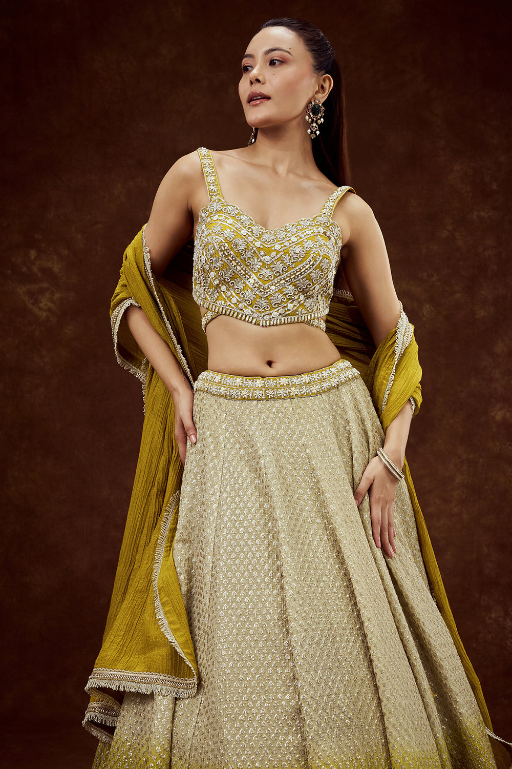 Lime Yellow Ombre Tissue Lehenga with Pearl and Sequin Work
