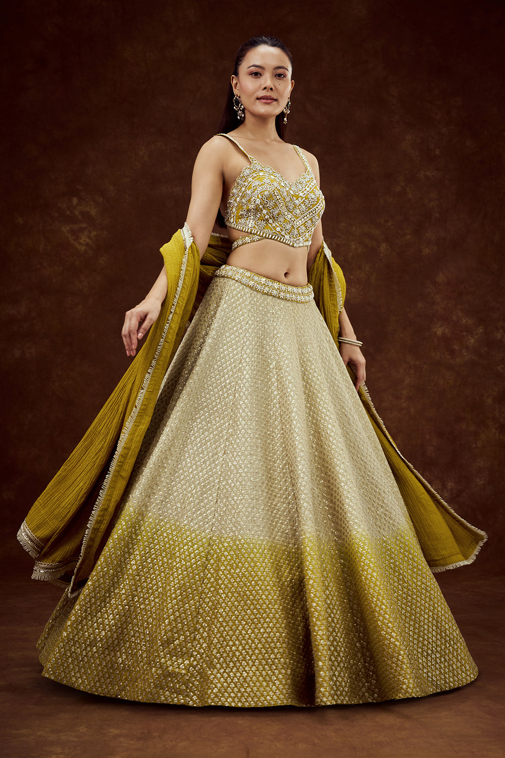 Lime Yellow Ombre Tissue Lehenga with Pearl and Sequin Work