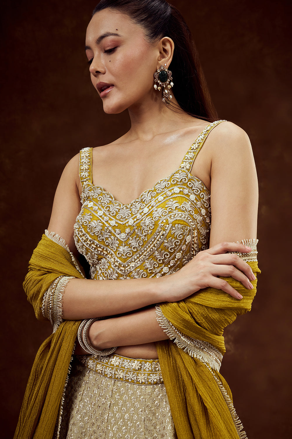 Lime Yellow Ombre Tissue Lehenga with Pearl and Sequin Work