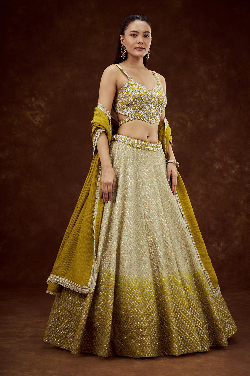 Lime Yellow Ombre Tissue Lehenga with Pearl and Sequin Work
