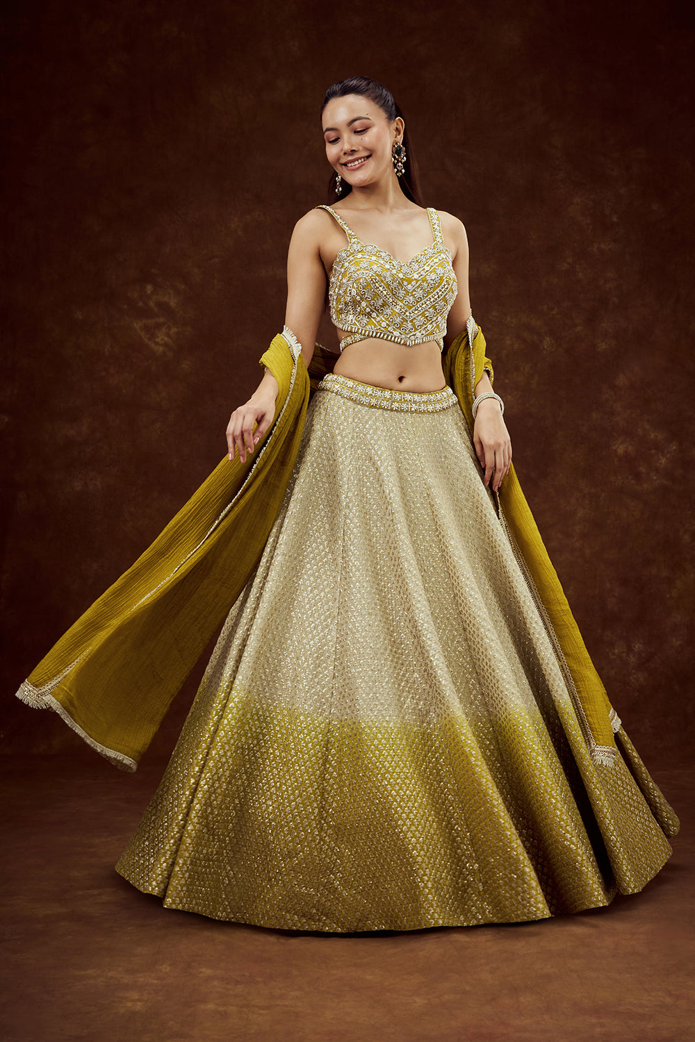 Lime Yellow Ombre Tissue Lehenga with Pearl and Sequin Work
